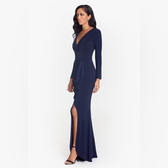 Betsy & Adam Elle Women 8 Long Sleeve Maxi Dress Gown Navy Blue Side Slit Ruffle - Picture 2 of 12